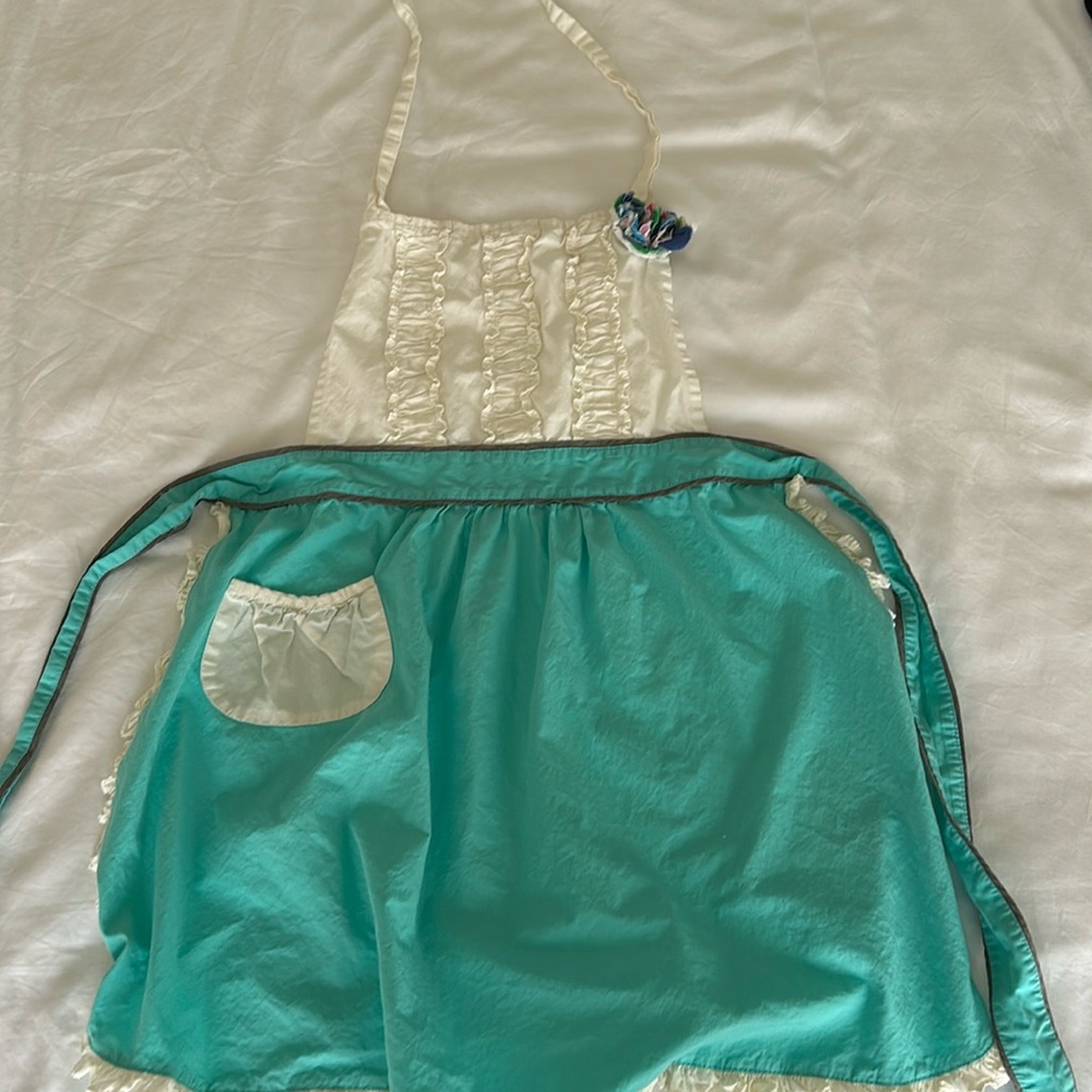 Turquoise Anthropologie Apron with Fabric Florette Detail